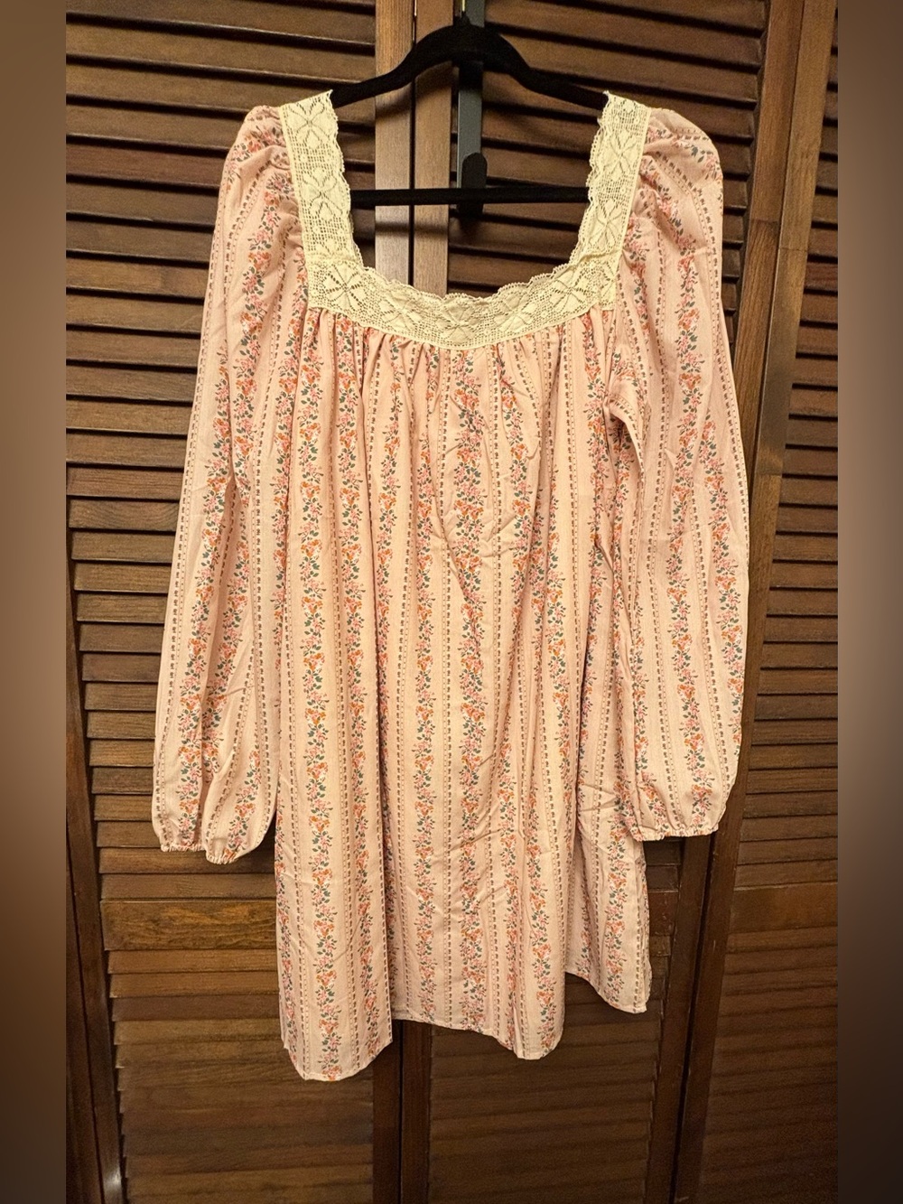 Peach Floral Long-Sleeve Peasant Dress with Velvet Bow & Lace Trim - Picture 6 of 13